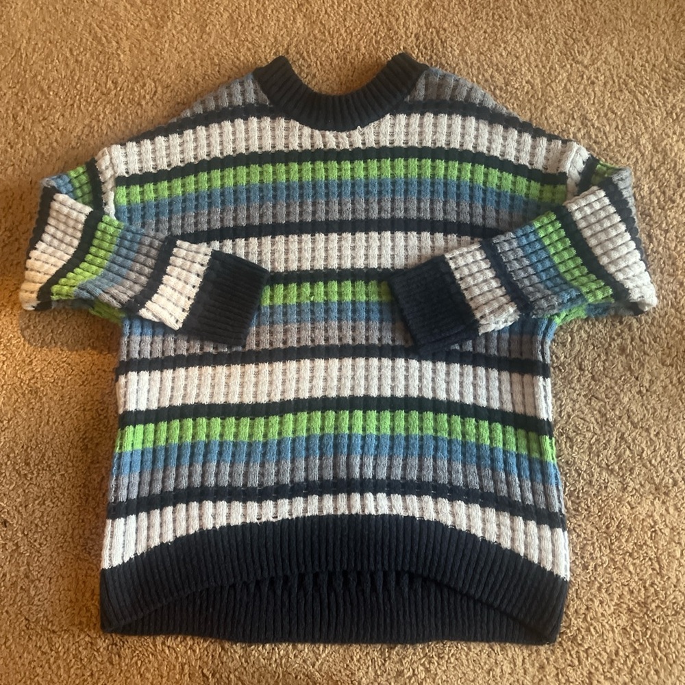 SO Blue and Green Crewneck Sweater with Ribbed Trim